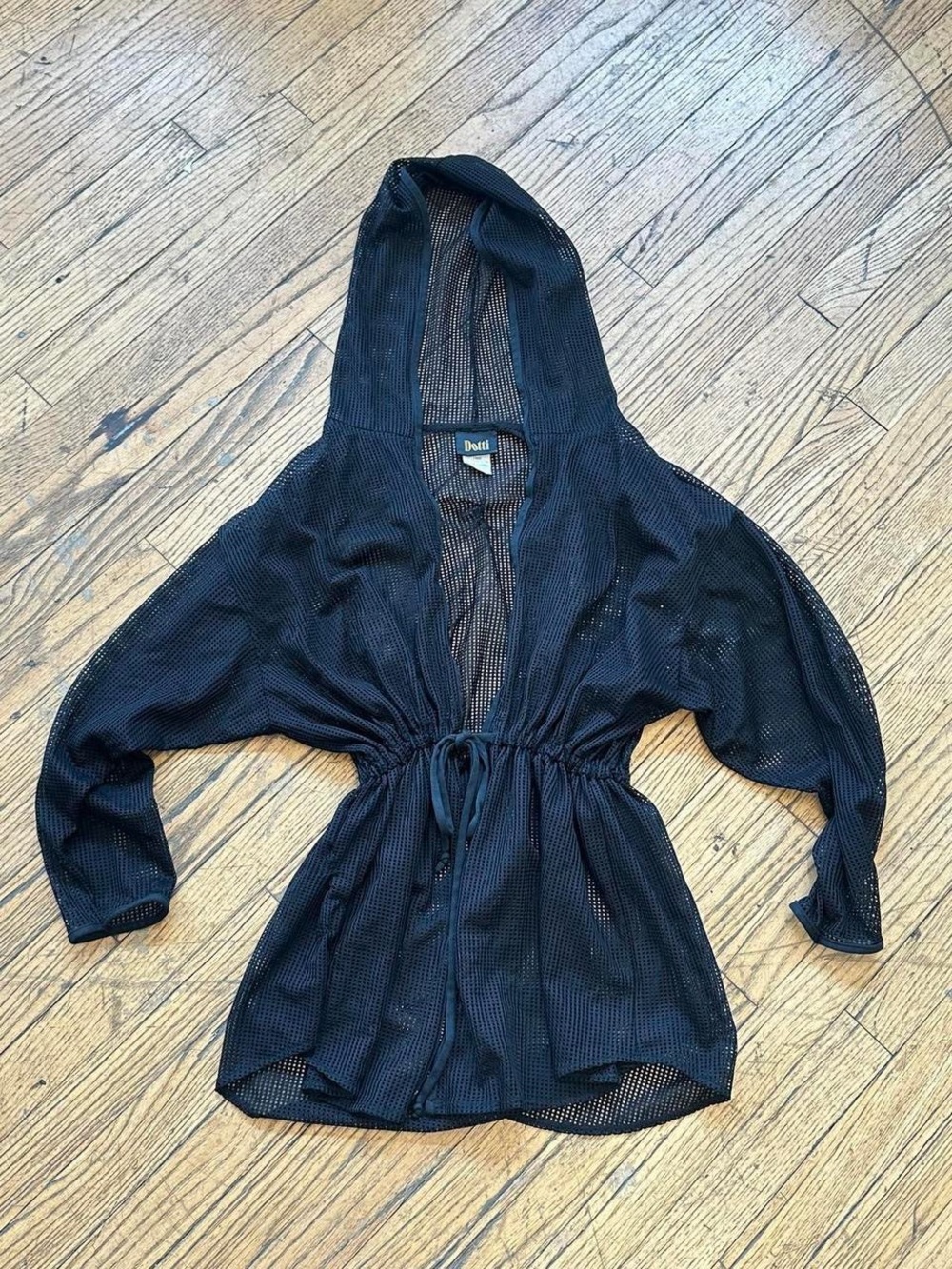 Vintage Black Mesh Hooded Tunic with Drawstring Waist